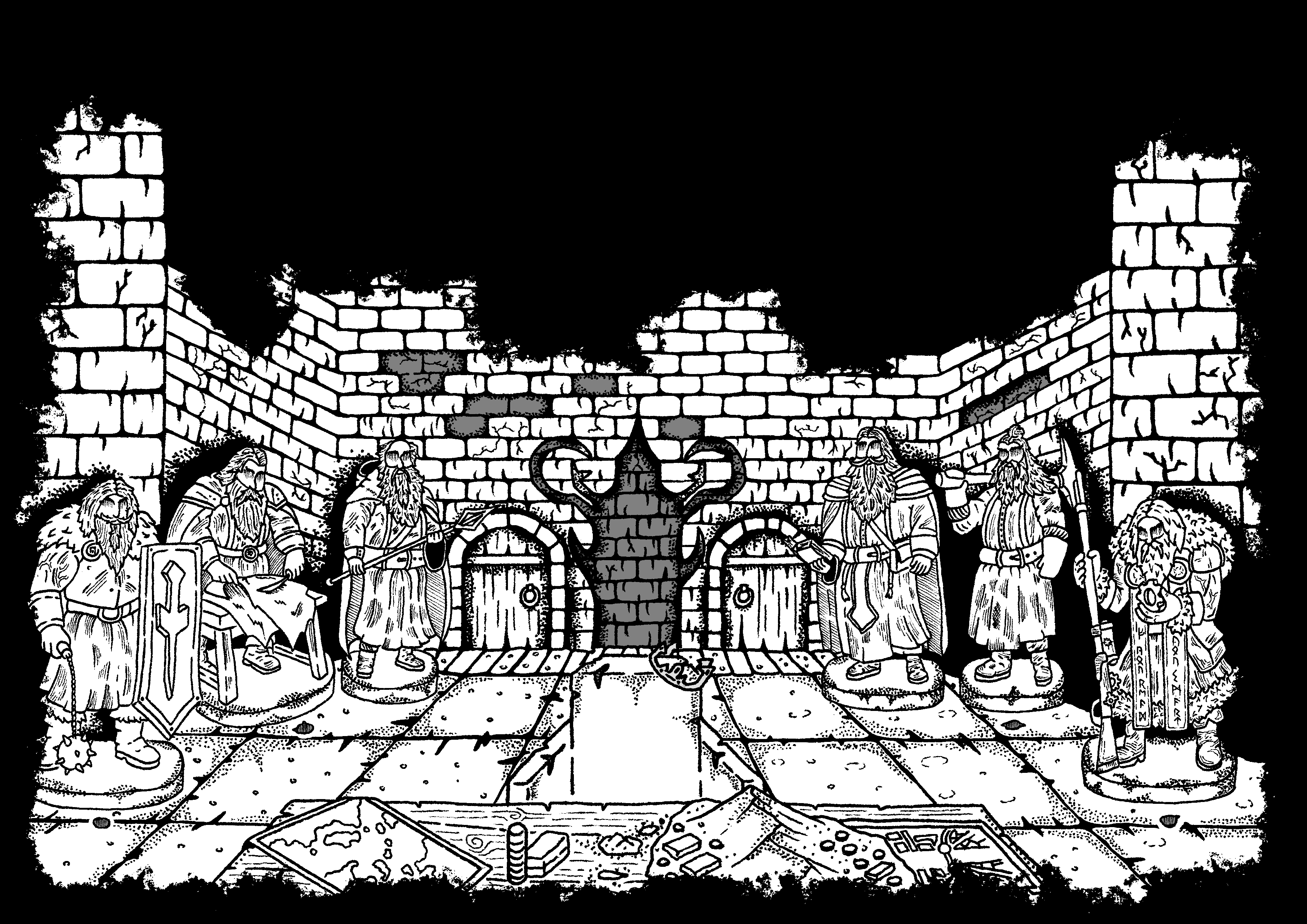 Steel and Stone Puzzle Handout - Dwarven statue throne room illustration for OSR adventure